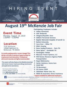 Aug 19th McKenzie Job Fair flier with Employer list